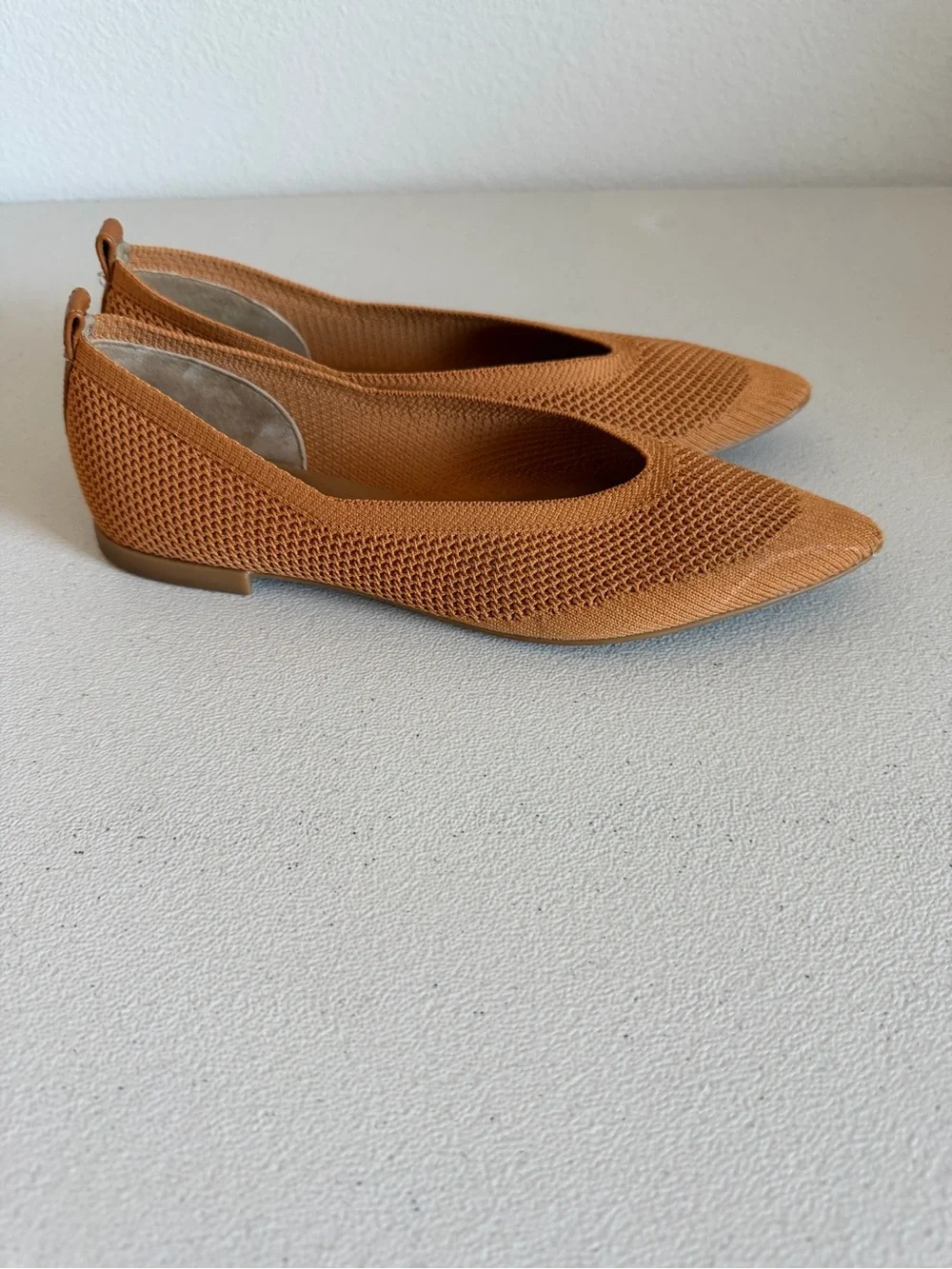 Everlane The 40 Hour Reknit Pointed Flat Shoes in a caramel or toffee color
